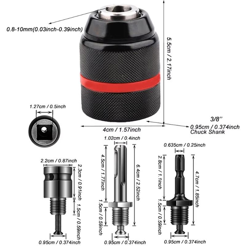 Lot de 4 pièces, Mandrin de perceuse à cliquet autobloquant 0,8~10 mm, Filetage 3/8-24Unf, Mandrin métallique à 3 mors sans clé, Mandrin motorisé pour forets et douilles