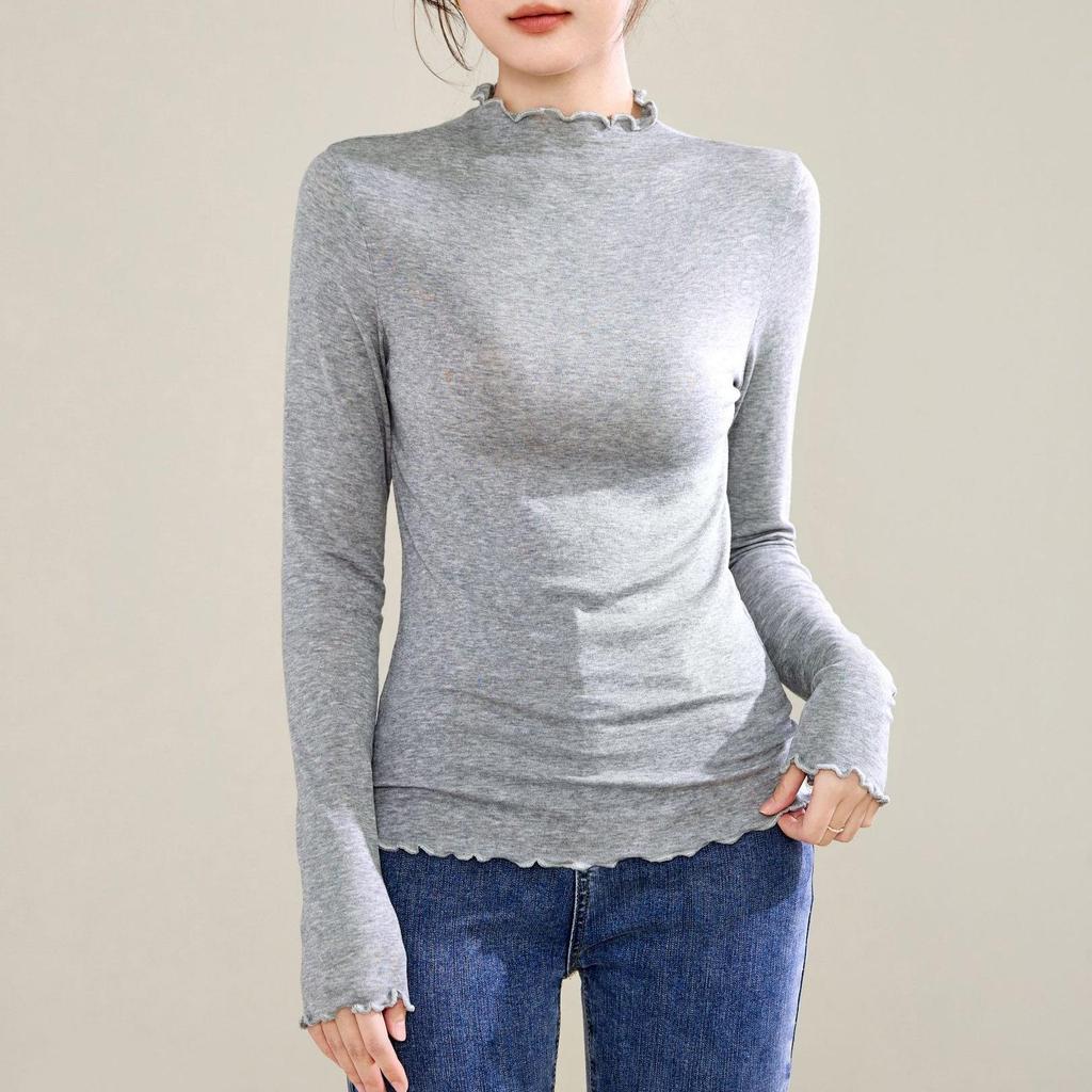 Nové dámské tričko s dlouhým rukávem z tencelové vlny, slim fit, s volánkovou ozdobou na podzim/zimu