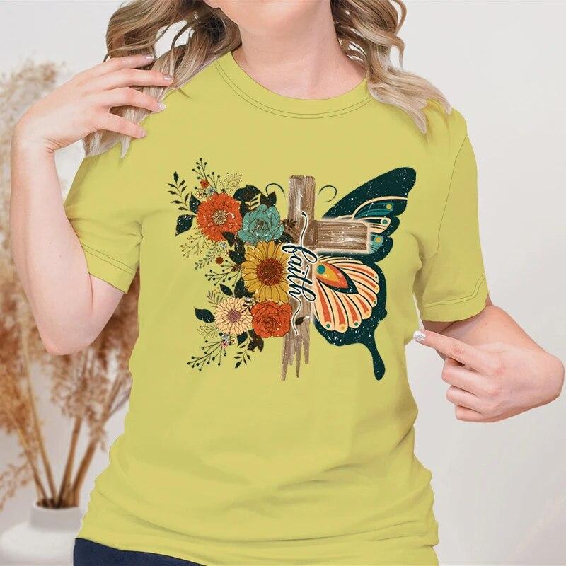 

Женские топы в стиле ретро с бабочкой Faith Cross, футболки с короткими рукавами, женская летняя модная женская футболка, футболка с христианским графиком 6XL