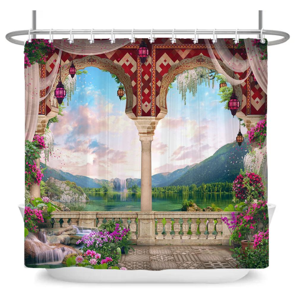 Beautiful Seaside Garden 3D Print Shower Curtain Rural Flower Scenery Bathroom Waterproof Bathtub Curtain Home Decor With Hooks