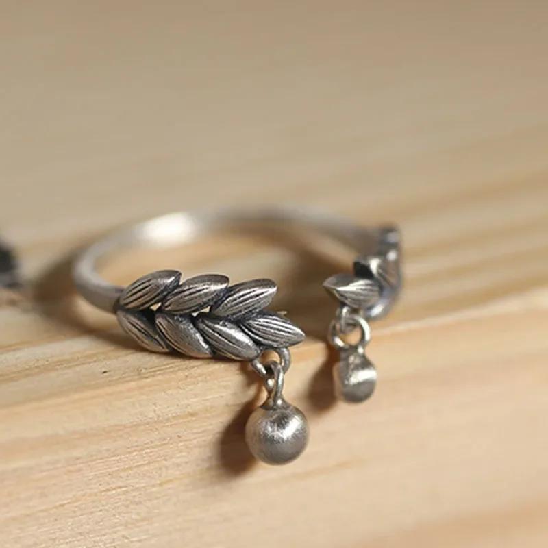 Literary Retro Wheat Ear Thai Silver Color Adjustable Ring Women Creative Round Beads Tassel Party Vacation Accessories resizable