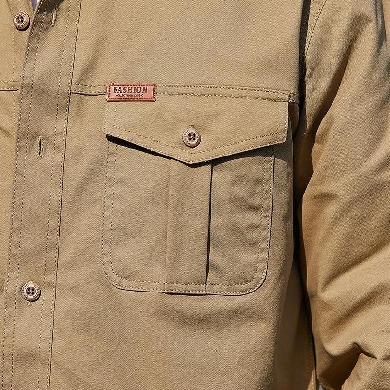 Cotton Cargo Shirt for Men Long Sleeve 2 Pocket Shirts Outdoor Casual Blouses Clothing Overshirt