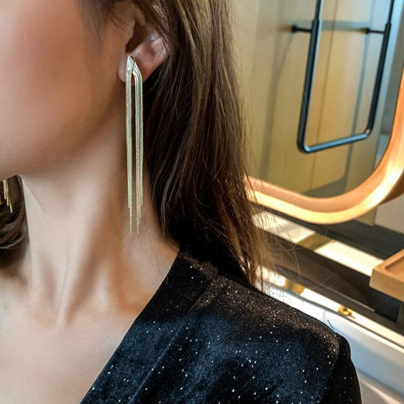 Vintage Gold Color Bar Long Thread Tassel Drop Earrings For Women Glossy Arc Geometric Korean Earring Fashion Jewelry  New