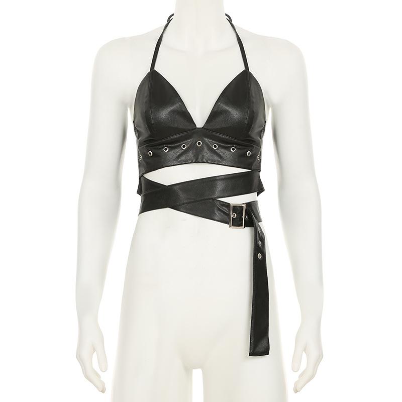 Women Heavy Leather V Low Waist Hip Personalised Punk Spice Girl Style Ring Buckle Decoration Cross Cock Eye Belt Short Skirt Suit