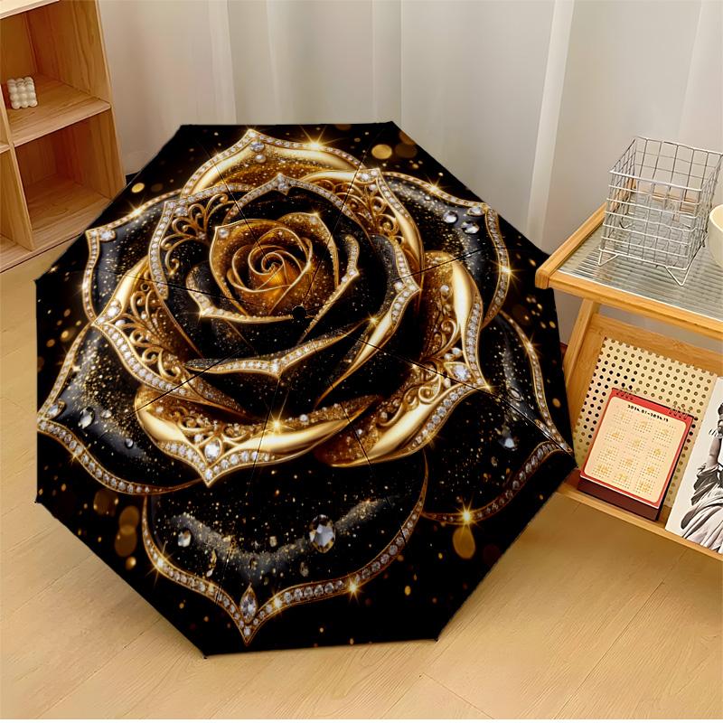 

Jeweled Floral Mandala Theme Automatic Umbrella Compact 8-Rib Design Sturdy Construction Durable Umbrella Stylish Accessory