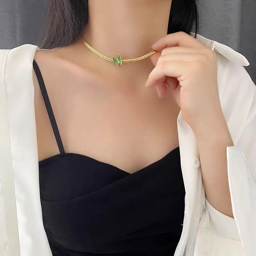 Titanium Steel Retro Green Butterfly Necklace