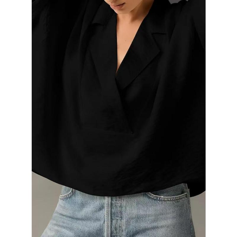 Loose Fit Short Sleeve Turn Down Collar Solid Color Casual Shirt With Pleats