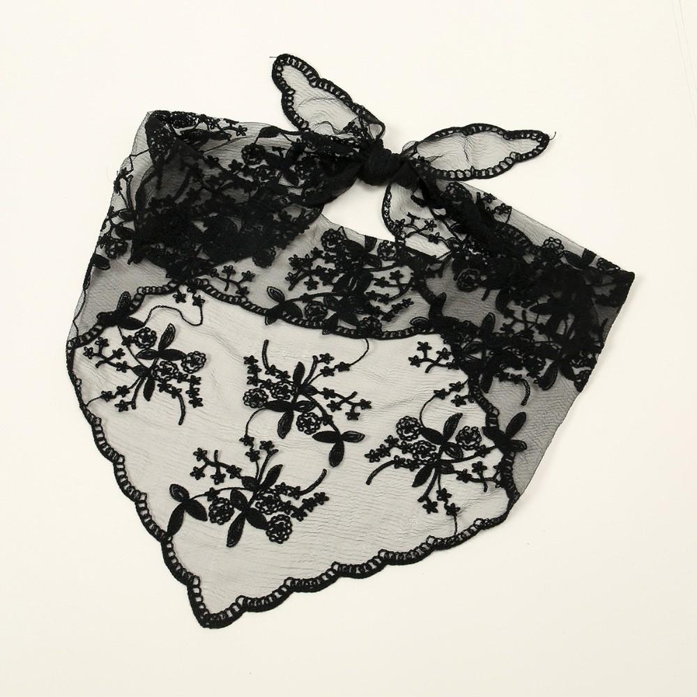 Sheer Embroidered Flower Scarf Elegant Lace Triangle Scarf Fashion Crochet Head Scarf  Gift Black A