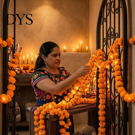 Reusable Fall Seasonal Home Accents Artificial Marigold Flower String Lights, 20/40 LED Cempasuchil Garland Flashing Battery Operated Lights