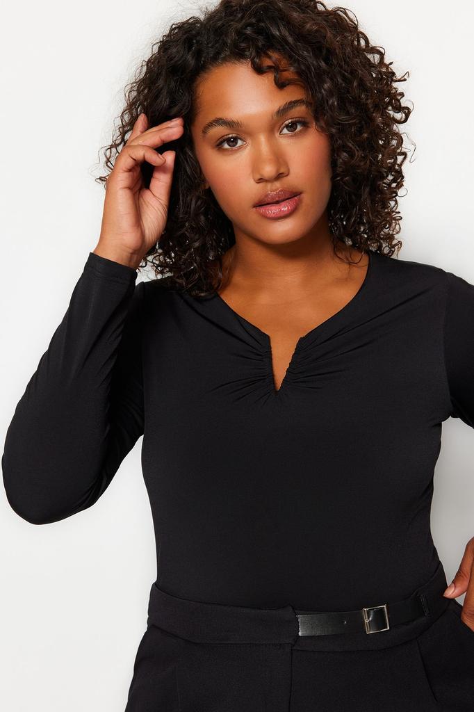  Women's Plus Size Blouse Black V-Neck Sandy Knitted Blouse