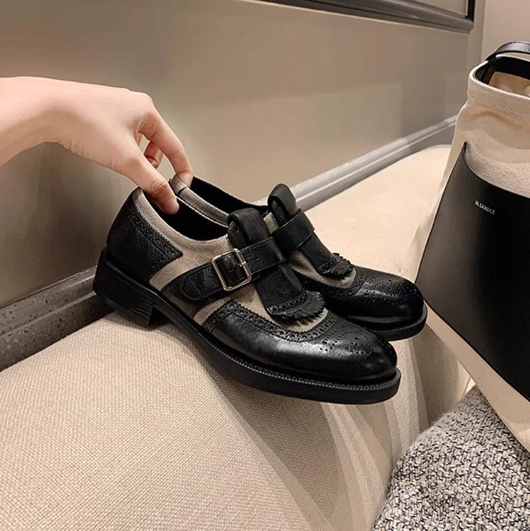 Grape mother autumn new fashion platform small leather shoes women washed horse leather pattern British style uniform loafers women