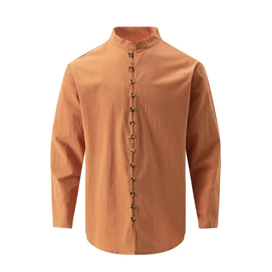 Retro Style Plus Size Solid Color Men's Cotton and Linen Long Sleeve Button Down Shirt with Stand Collar Spring Fall Outdoor