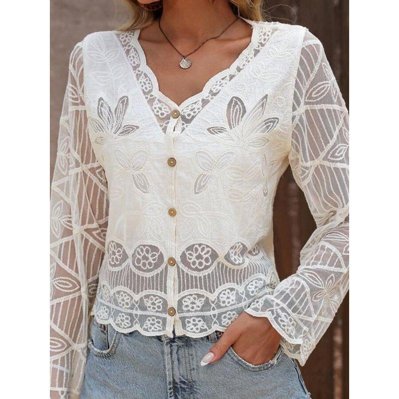 New Arrival Fashion Lace V-neck Single Breasted See-through Lace Crochet Cut Out Cardigan Long Sleeves Sun Protection Shirt for Air Conditioned Rooms