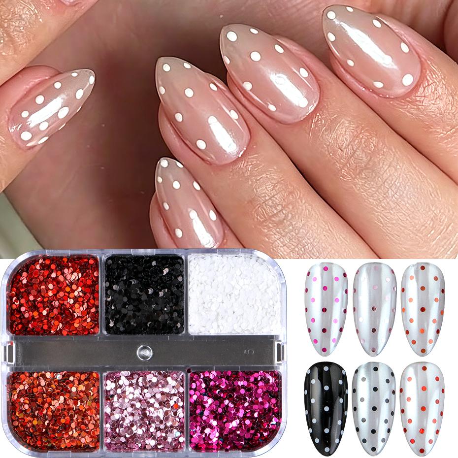 Xiaomi 6 Grids Polka Dot Nail Art Sequins Red Pink Black White Round Dot Nail Glitter Flakes Confetti Manicure Nail Charms Decorations