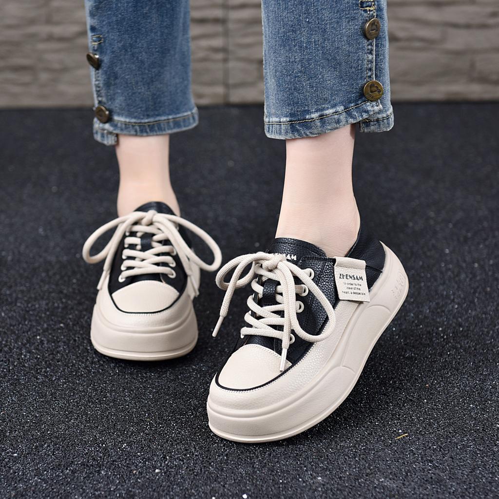 2026 new leather soft sole soft surface single shoes front lace-up thick sole muffin shoes casual versatile women's shoes