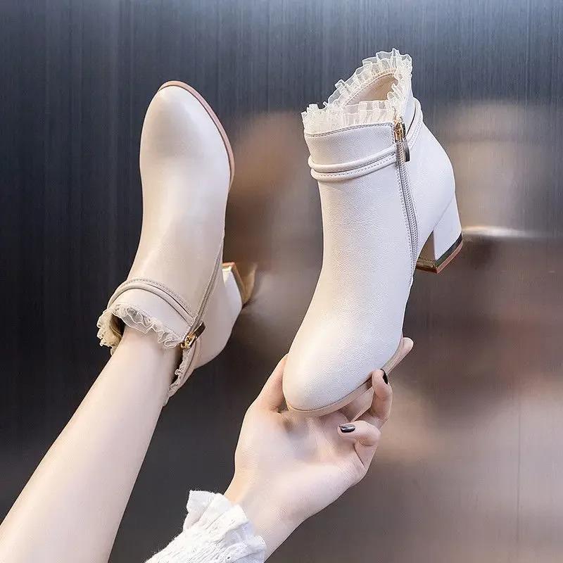 Stiefel Winter Beige Stiefeletten Dicke Ferse Schuh Mittelhoher Absatz Kurzer Stiefel Kristall Botas Leder Elegant Frau Schuhe mit Absatz