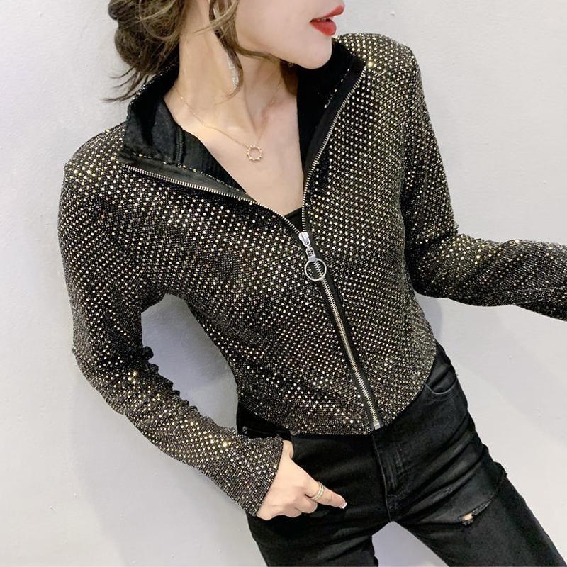 Fashion Glitter Sequined Short Jacket Women Slim Sexy Long Sleeve Zipper Coat Spring Autumn