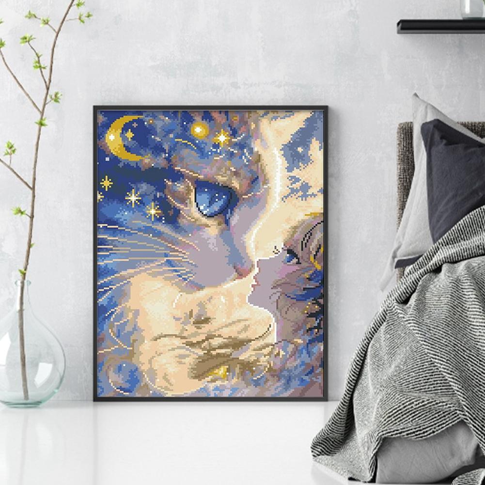 Cartoon Girl Cat Printed Cross Stitch Kit 40x50cm DIY 11CT Embroidery Craft Set