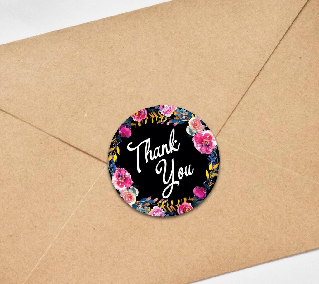 Darling Souvenir Round 45 Pcs Floral & Vines Border Black Thank You Stickers Envelope Seal-1.6