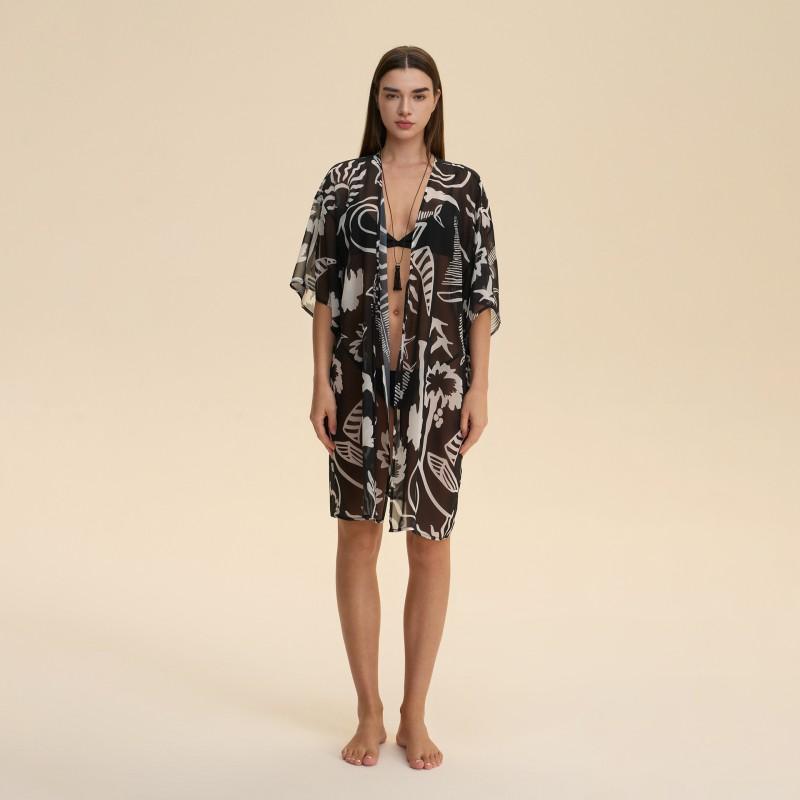 Womens Beach Cover Up Pearl Chiffon Printed Short Robe Sleepwear Loungewear ZP3939