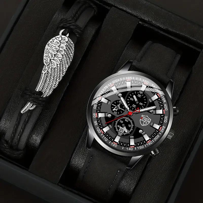 

2 шт./комплект 1 шт. Модные мужские повседневные кварцевые часы аналоговые наручные часы из искусственной кожи и 1 шт. мужской браслет