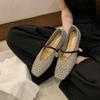 Sheepskin version of grape mother, the same French square head hollow woven mesh Mary Jane shoes, women's one-word with shallow mouth single shoes