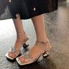 2025 New Square Head High-heeled Sandals Women's Hollowed-out Thin Straps Daily Versatile Weaving Summer Word Straps Fashion Sandals