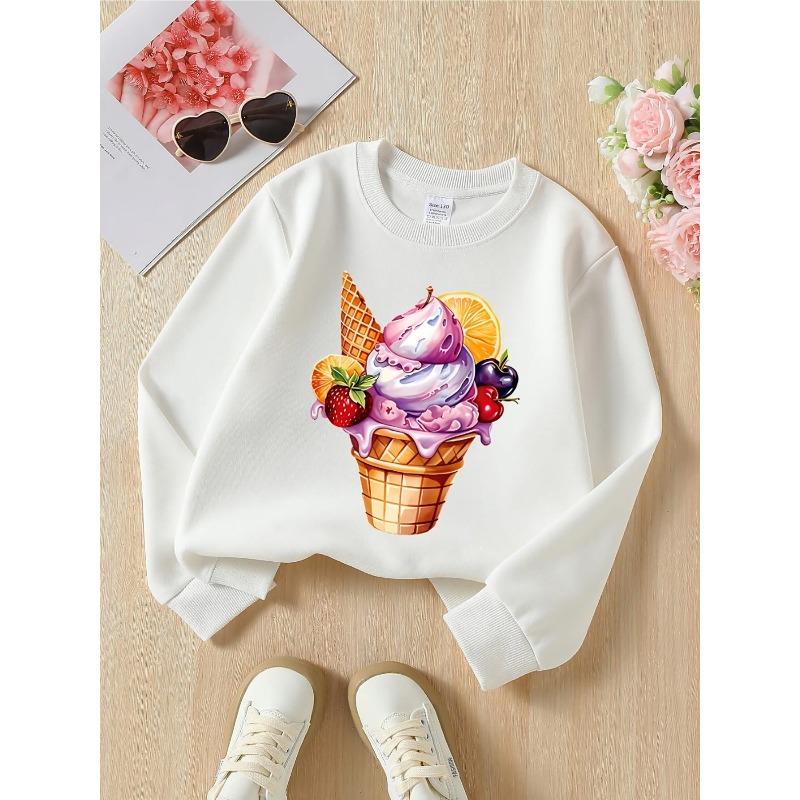 European sizes Girls' Crewneck Sweatshirt - Ice Cream Cone with Fruits & Berries, Soft Comfy Sportswear for Children & Teens