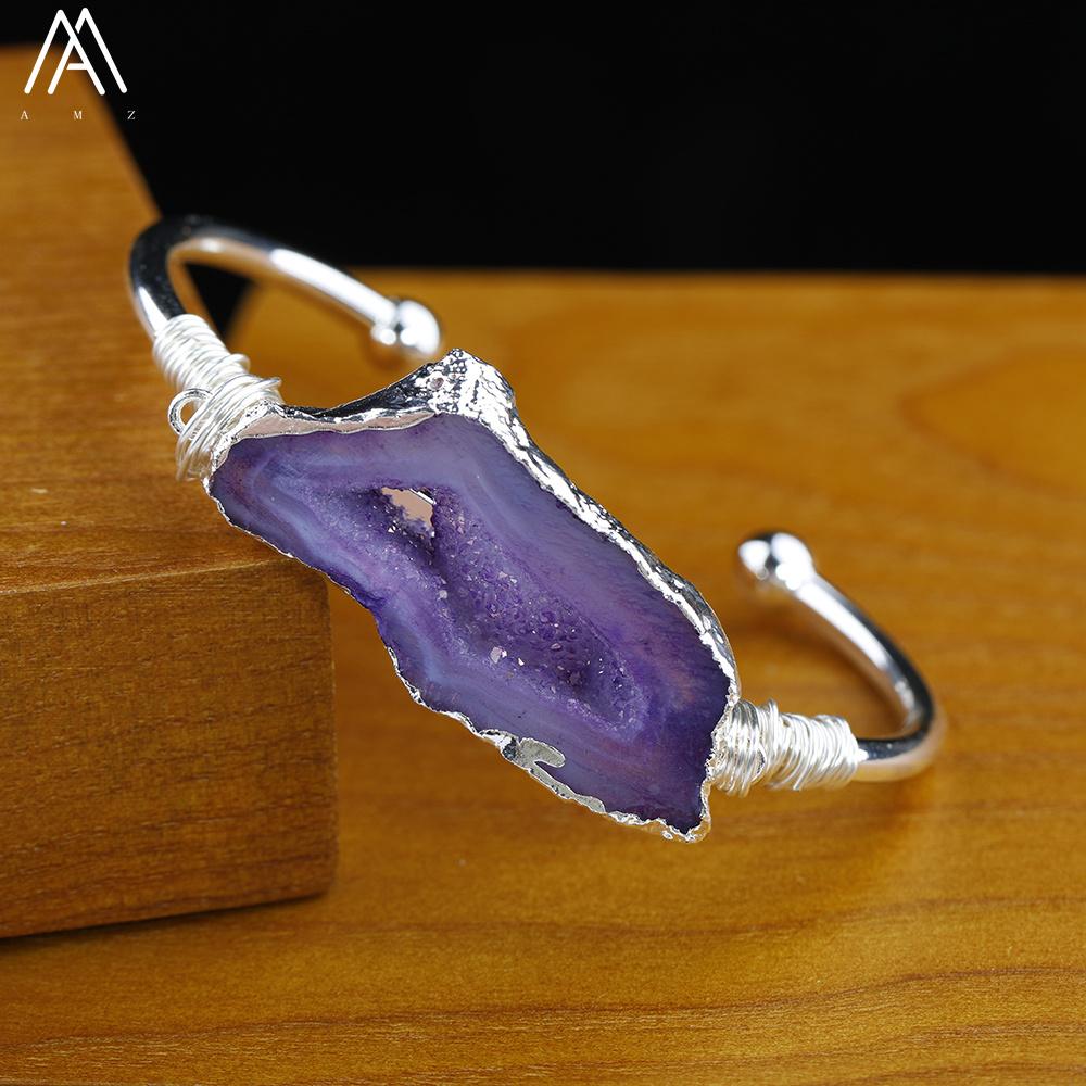 Silver Copper Wire Wrapped Agate Geode Stone Open Cuff Bracelet For Women Druzy Drusy Bracelet Handmade Jewelry Gift Dropship