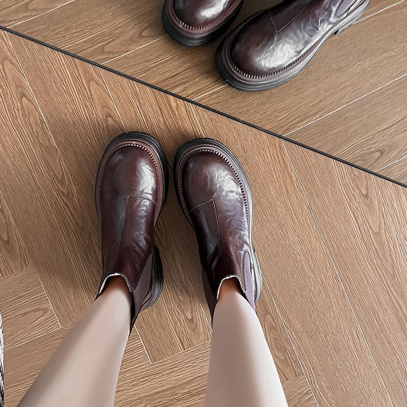 

Retro one-pedal short boots women s thick heel platform Martin boots Chelsea boots autumn and winter 35