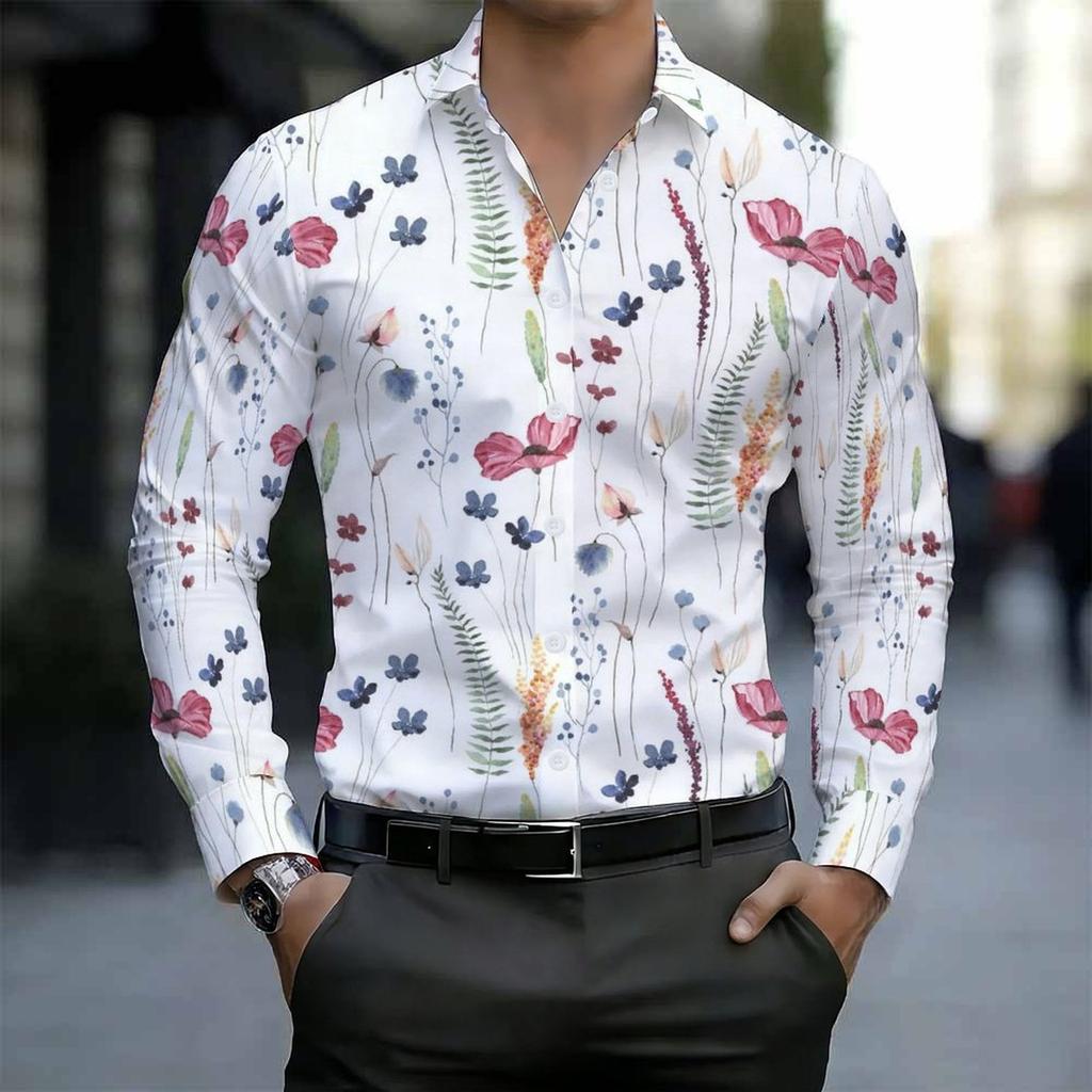 Men Collared Shirt Light Blue White Apricot Floral Leaf Print Long Sleeve Button Down Top