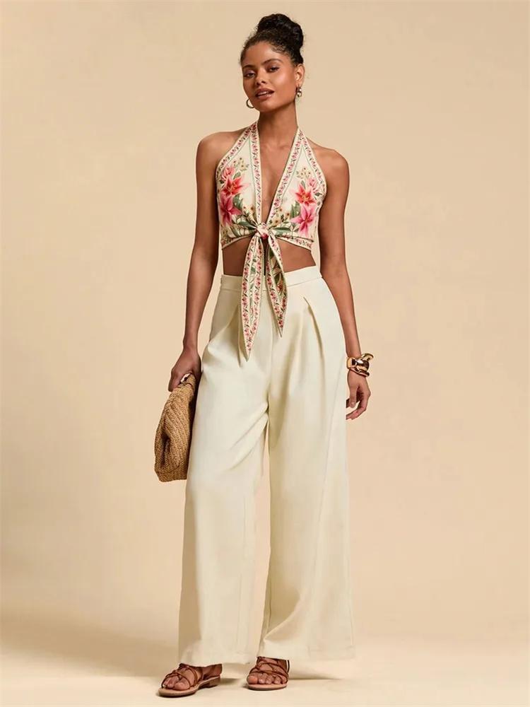 Krótki Top phumee Węzeł z Przodu Kwiatowy Wzór Bez Pleców A2472