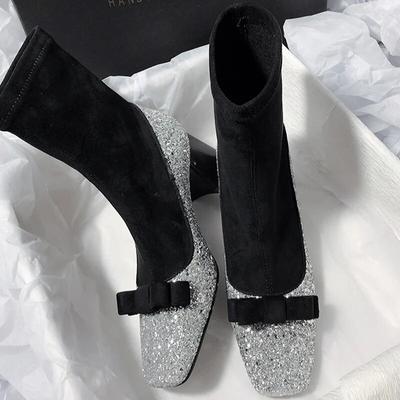 Pantofi sexy pentru femei cu toc înalt Cizme chelsea cu fundă glisă iarna 2024, de designer, cu vârf pătrat, botine groase, pompe, cu șosete