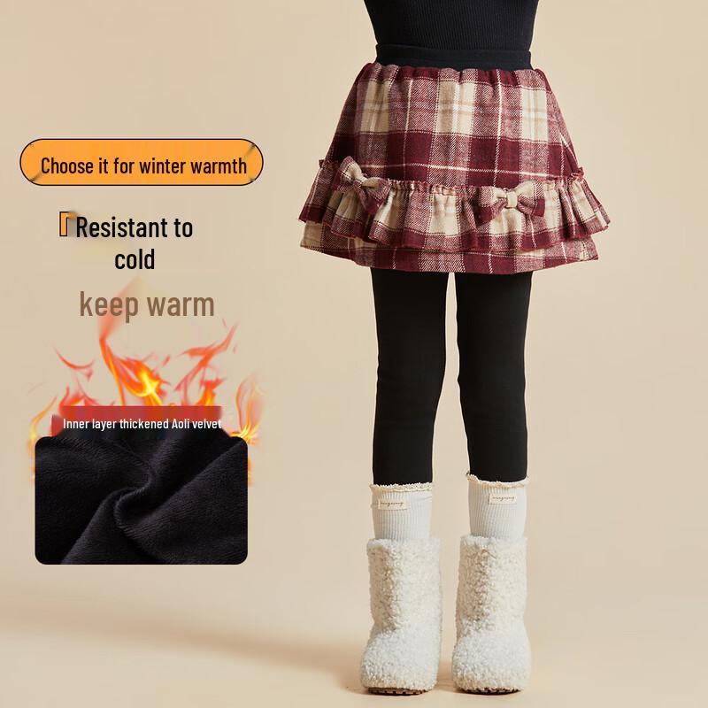 Girls  Winter Retro Plaid Fleece-Lined Skort Leggings 150