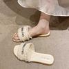 Cool Slippers Outer Wear Women's 2025 Summer New French Xiaoxiangfeng Flat Bottom One-word Drag Versatile Rhinestone Beach Slippers
