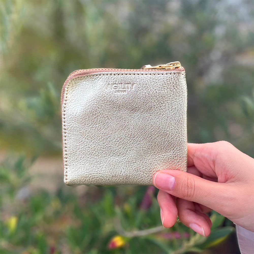 AGILITY affa "Square Wallet" Half Wallet with Coin Case, Card Case, and Bill Compartment in Leather, Gold and Silver