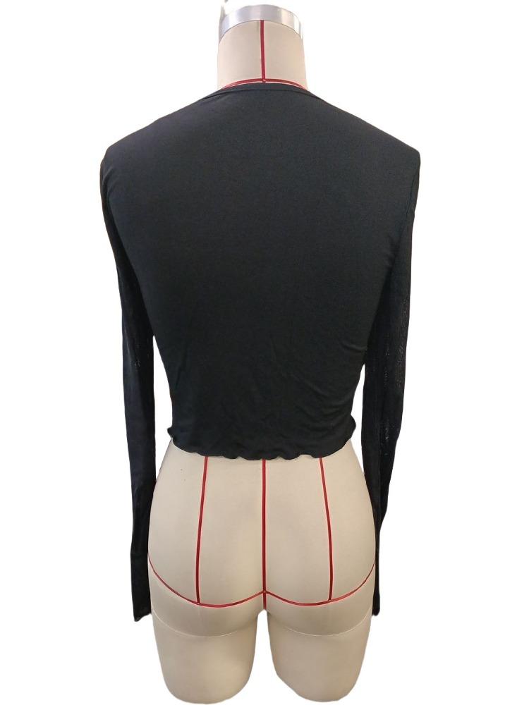 Sexy Front Hollow Mesh Splicing Long-sleeved Short T-shirt Skinny Tops Female Versatile Closet Essential Fashion Items Shirt