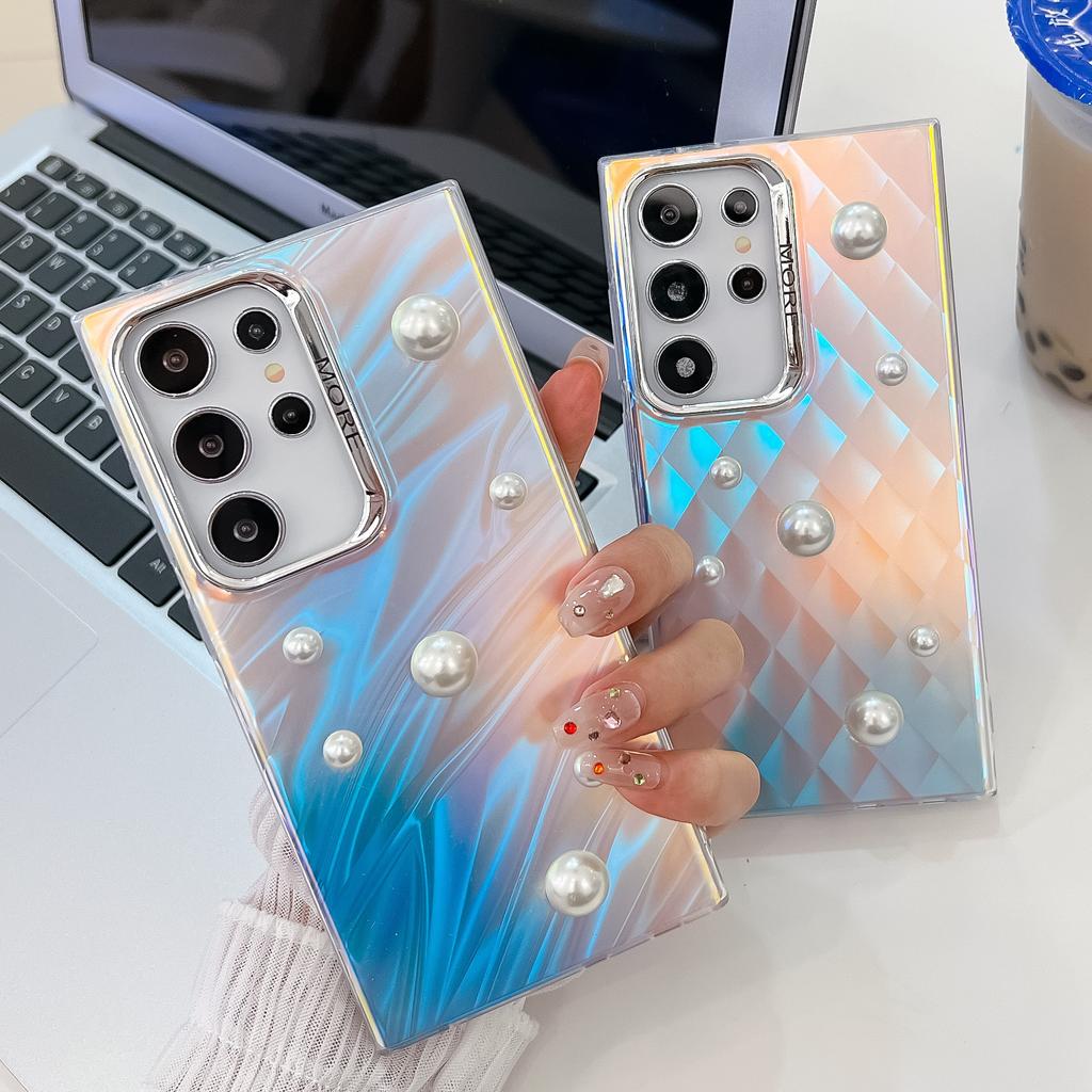 Advanced Three Dimensional Pearls Suitable for Samsung S25ultra Mobile Phone Case S24plus Electroplated Laser A56 Hard Set