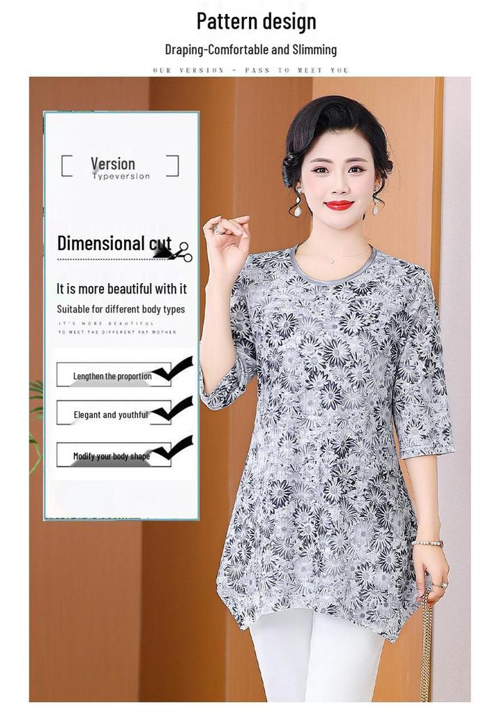 Mid-Sleeve Round Neck Tummy-Covering Stylish Top for Middle-Aged Women