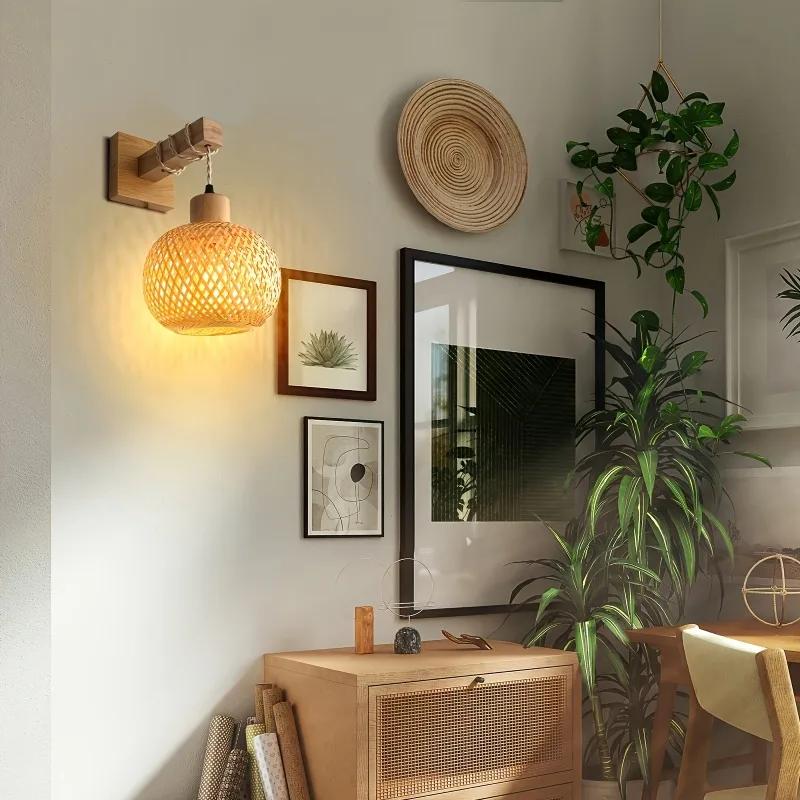 Handcrafted Bamboo Rattan Wall Sconce with Plug-In Cord - Rustic Farmhouse Boho Lighting Bedroom Commercial Spaces Vintage Lamp