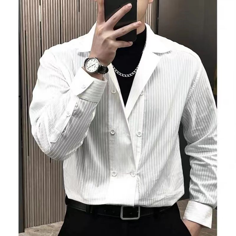 

Весна и осень 2023 Рубашка с кубинским воротником, двубортная, в легком зрелом стиле, в полоску, свободного кроя, повседневная, с оборками, шуай, ленивая, с длинным рукавом L белый