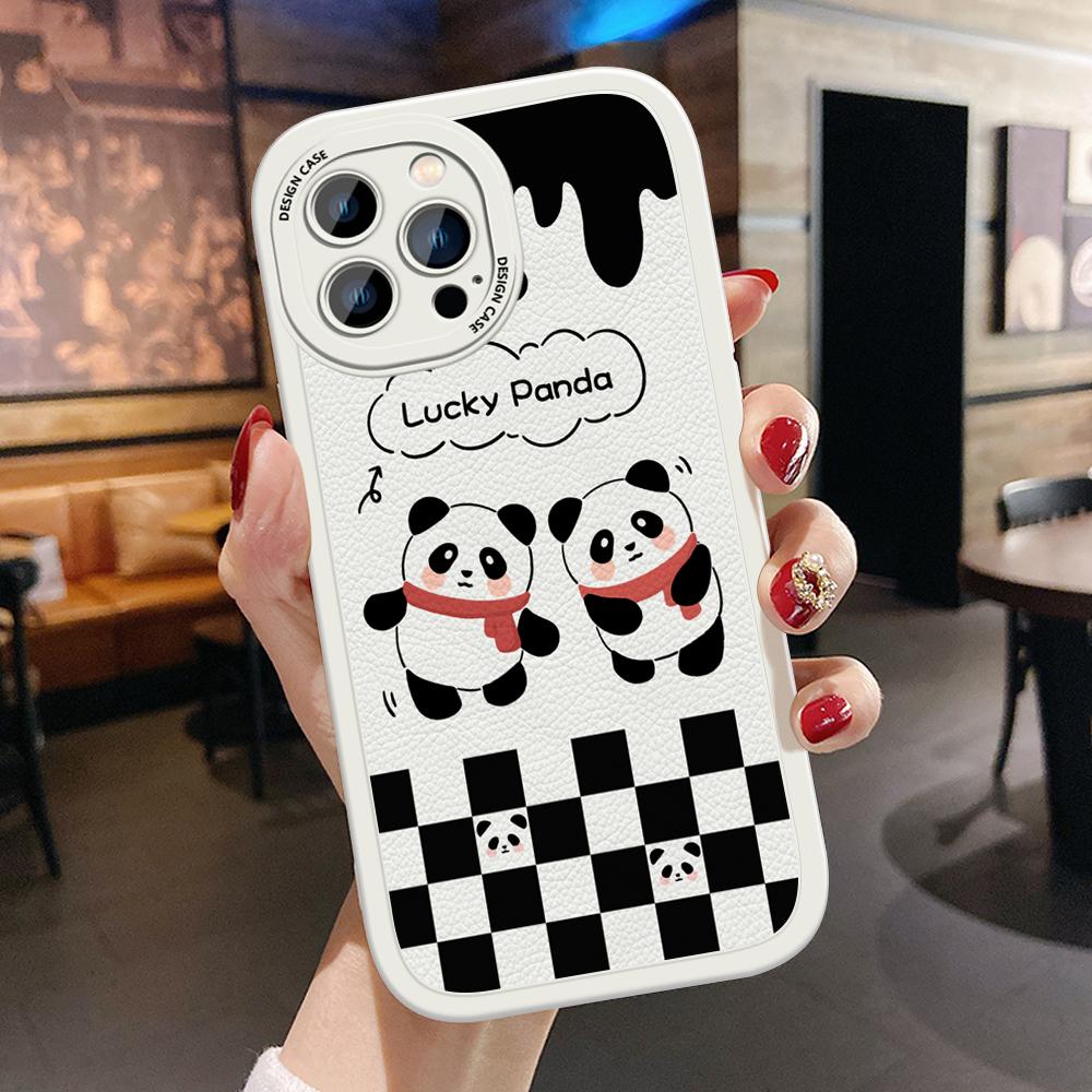 Slim Skin Feeling Cartoon Panda Soft Silicone PU Leather Cover Phone Case for iPhone Samsung Huawei Honor Xiaomi Redmi OPPO Realme Vivo