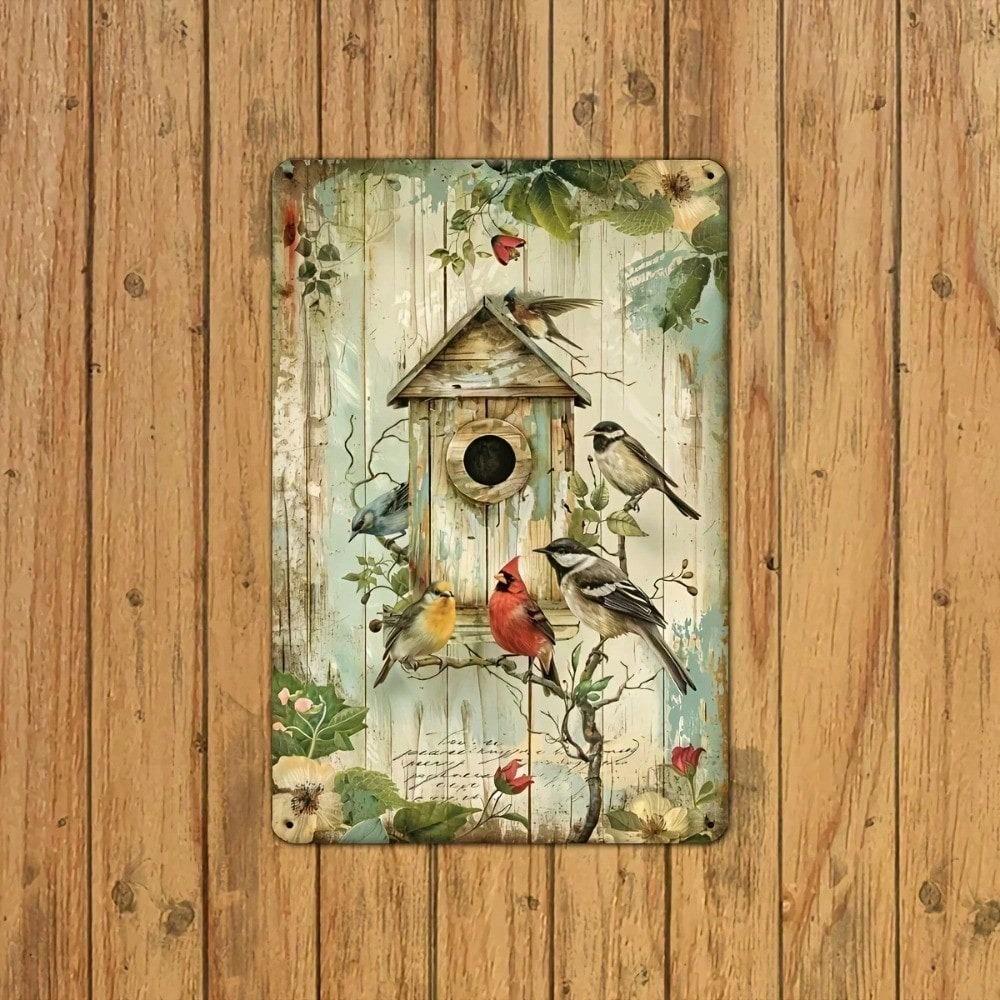 Vintage Metal Birdhouse Wall Art, Rustic Iron Garden Decor with Colorful Birds and Flowers
