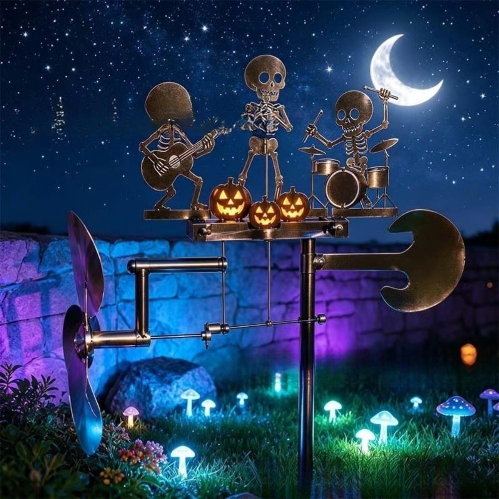 Rotating Halloween Skeleton Metal Drummer Wind Wind-Powered Heavy Duty Musical Skull Garden Stake Artistic Spooky
