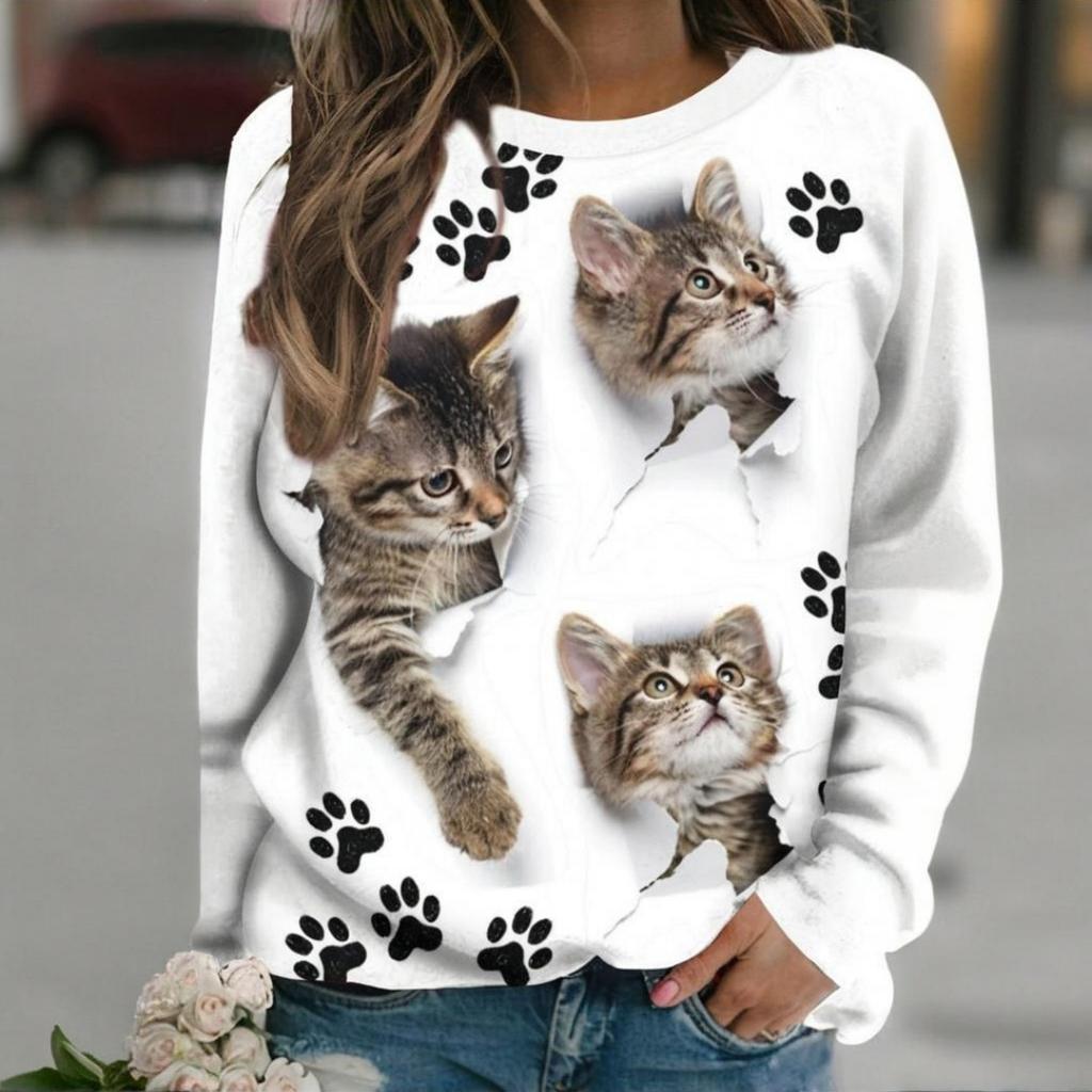 Women's Long-Sleeve T-Shirt Autumn Casual Long-Sleeve T-Shirt Top Funny Cat Print Fashion Plus Size Loose-Fit Women's Clothing