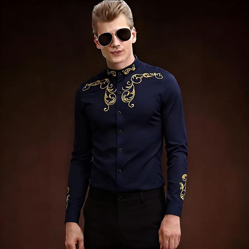 

2026 Spring New European Court Style Men s Embroidered Henley Long Sleeve Shirt XXL темно-синього кольору