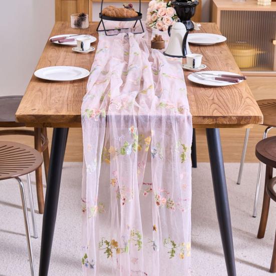Bestickter Blumiger Tischläufer Transparenter Tüll Tischläufer Schmetterlingsblumen Tischläufer für Esstisch Hochzeit Babyparty Frühlingsfest