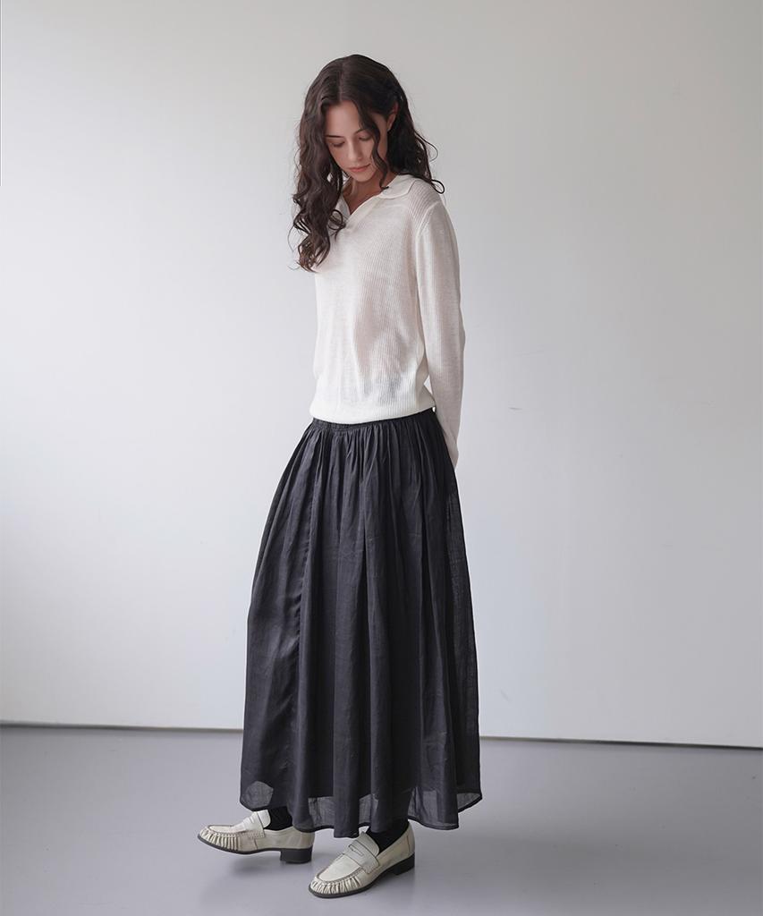 Cool Kitten Flare Long Skirt With Shirred Waist Detail (Black)