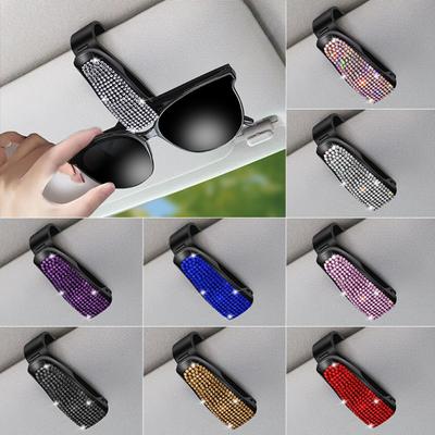 Rhinestone Car Sunshade Glasses Case Portable Sun Visor Mount Card Holder Bracket Fastener  Women