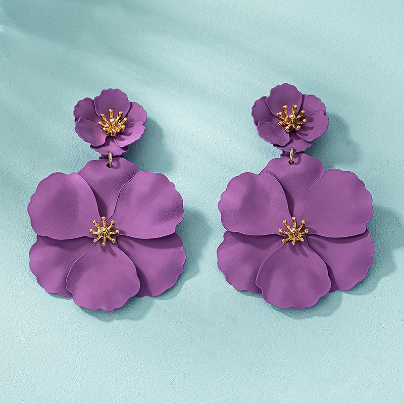 Mori Retro Long Temperament Colorful Flower Spray Paint Multi-Layer Creative Earclip Earrings